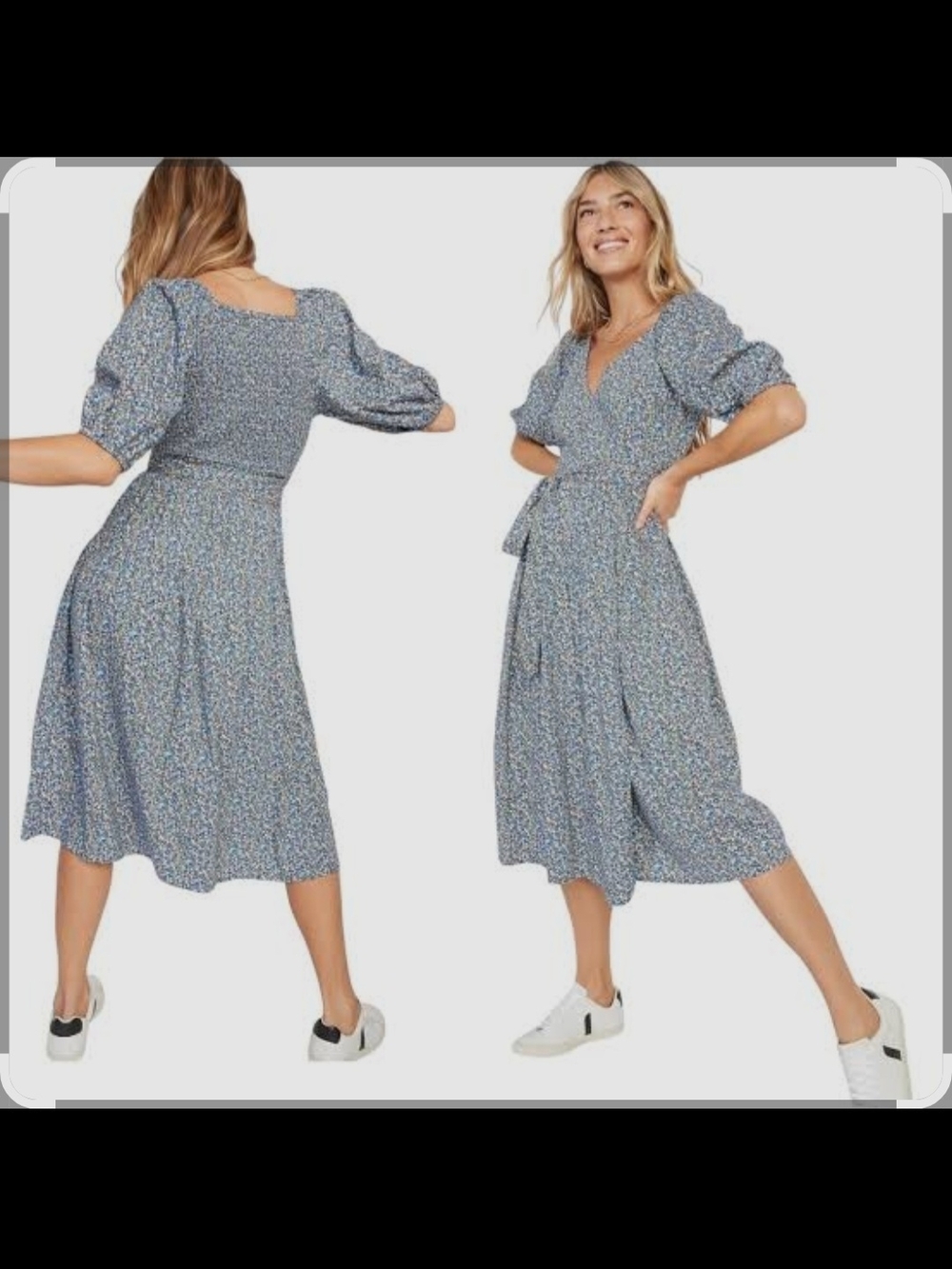 Old Navy Dainty Floral Blue And White Wrap Midi Dress Cottagecore Medium